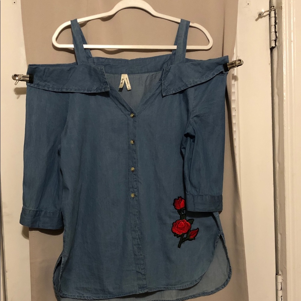 Truth Blue Off-Shoulder Blouse with Red Floral Embroidery